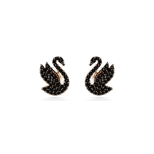 Swarovski Swan Stud Earrings, Crystal Pearl, Swan, Black, Rose Gold-Tone Plated