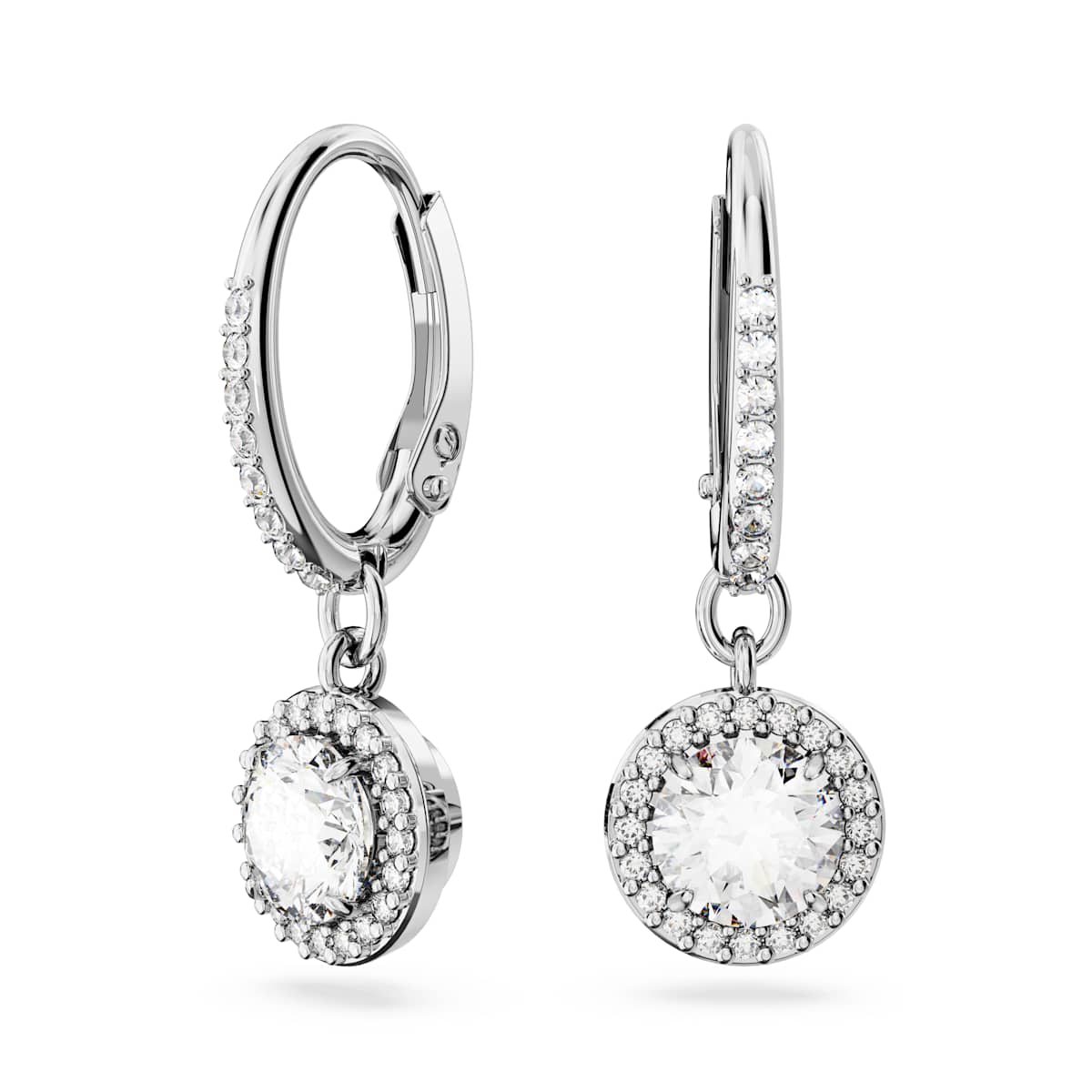 Swarovski Constella Drop Hoop Earrings, Round Cut, White, Rhodium Plated