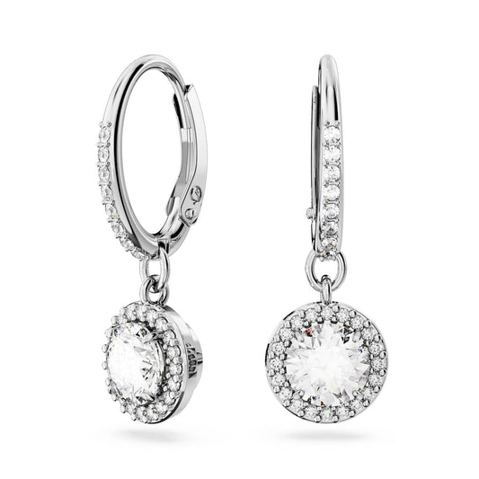 Swarovski Constella Drop Hoop Earrings, Round Cut, White, Rhodium Plated
