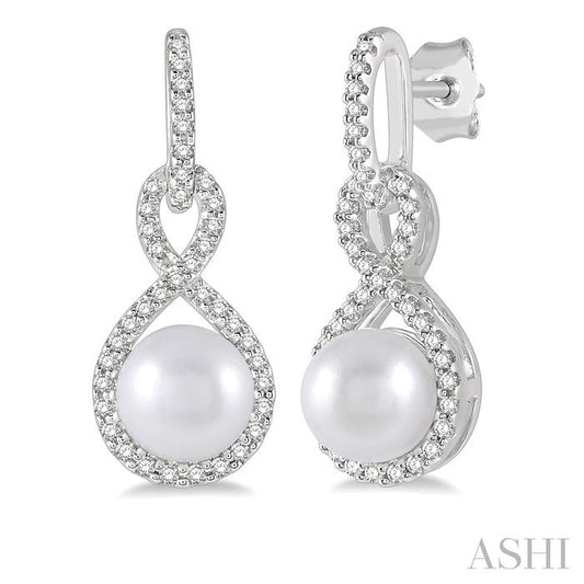 6X6 MM Round Shape Cultured Pearl and 1/4 Ctw Twisted Loop Round Cut Diamond Earrings in 10K White Gold