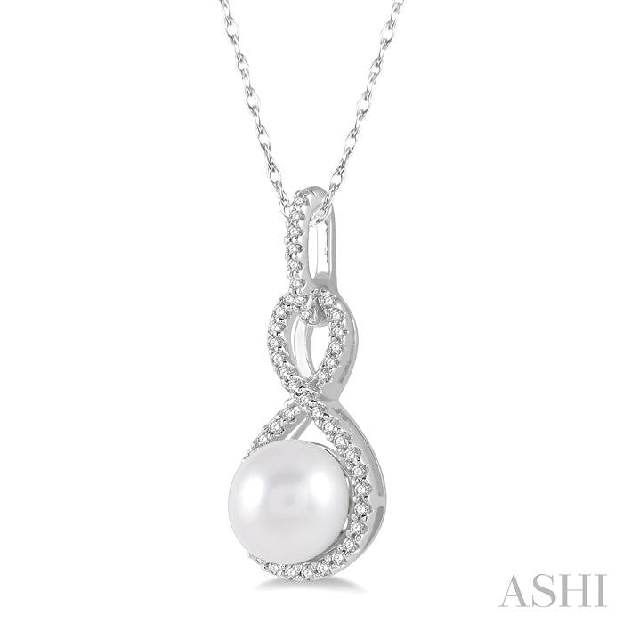 7X7 MM Round Shape Cultured Pearl and 1/6 Ctw Twisted Loop Round Cut Diamond Pendant With Chain in 10K White Gold