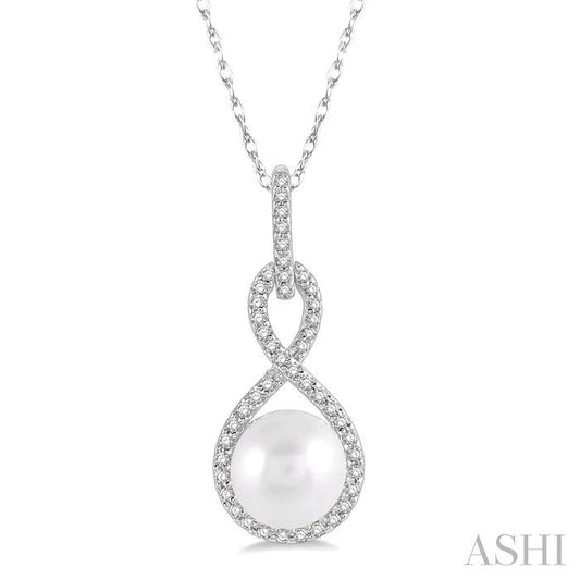 7X7 MM Round Shape Cultured Pearl and 1/6 Ctw Twisted Loop Round Cut Diamond Pendant With Chain in 10K White Gold