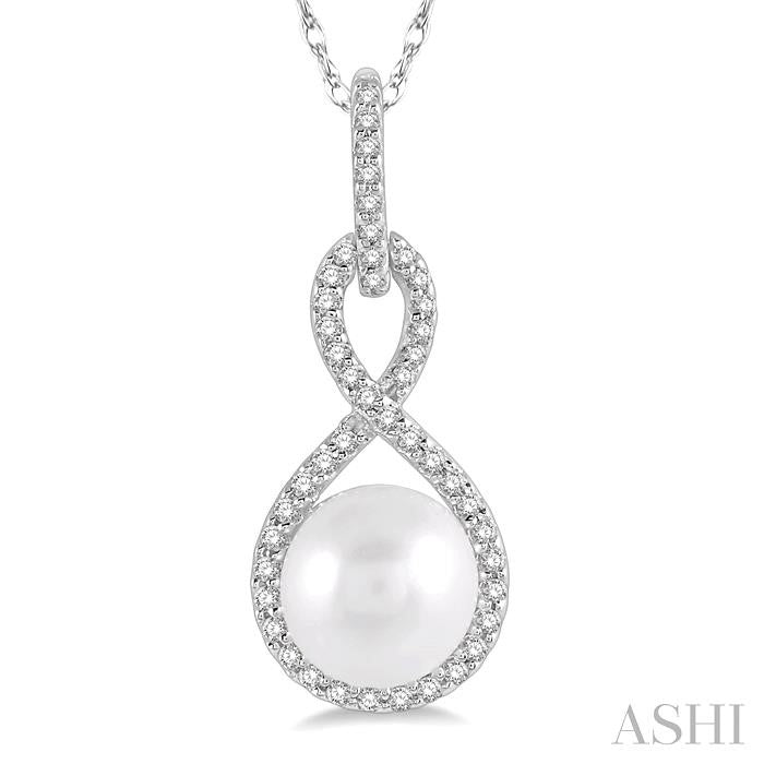 7X7 MM Round Shape Cultured Pearl and 1/6 Ctw Twisted Loop Round Cut Diamond Pendant With Chain in 10K White Gold