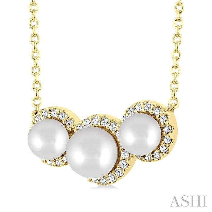 5 MM & 4 MM Cultured Pearl and 1/6 Ctw Round Cut Diamond Halo Pendant With Chain in 14K Yellow Gold
