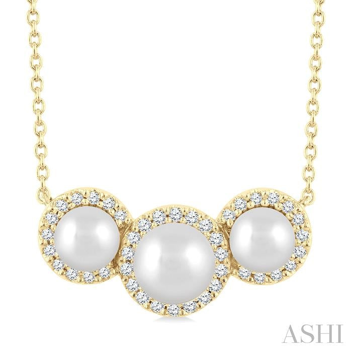 5 MM & 4 MM Cultured Pearl and 1/6 Ctw Round Cut Diamond Halo Pendant With Chain in 14K Yellow Gold