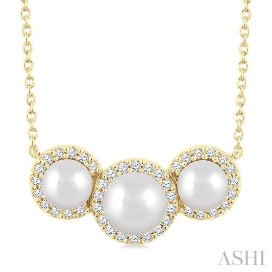 5 MM & 4 MM Cultured Pearl and 1/6 Ctw Round Cut Diamond Halo Pendant With Chain in 14K Yellow Gold