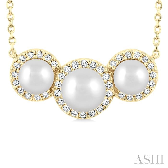 5 MM & 4 MM Cultured Pearl and 1/6 Ctw Round Cut Diamond Halo Pendant With Chain in 14K Yellow Gold
