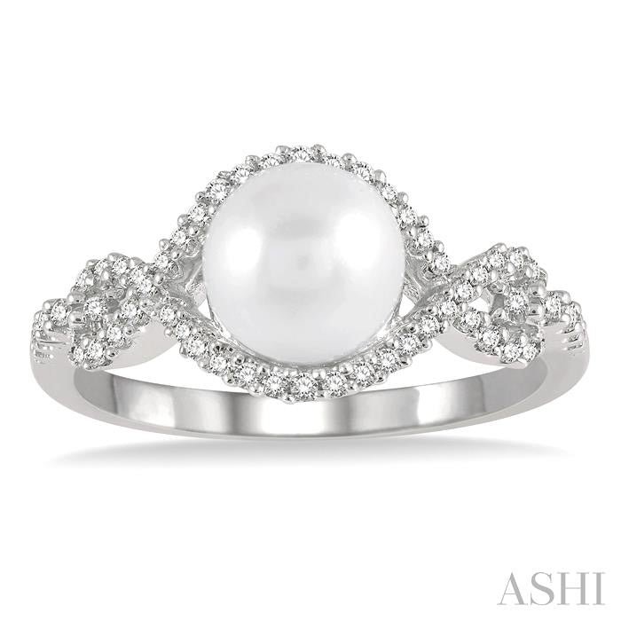 7 MM Round Shape Cultured Pearl and 1/5 Ctw Round Cut Diamond Twisted Open Lattice Ring in 10K White Gold