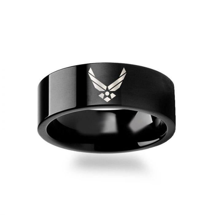 Military Symbol Logo Engraving Flat Polished Black Tungsten Ring - Army, Coast Guard, Navy, Marines, Air Force - 4mm - 1