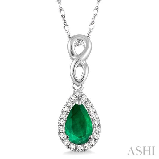 6X4 MM Pear Shape Emerald and 1/10 Ctw Round Cut Diamond Pendant in 10K White Gold with Chain