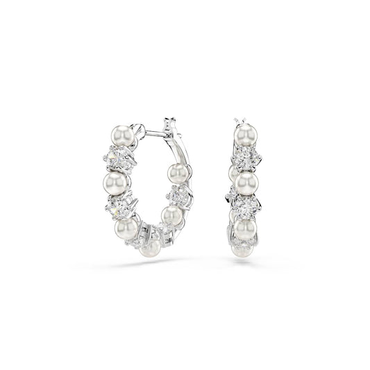 Swarovski Matrix Hoop Earrings, Crystal Pearl, Round Cut, White, Rhodium Plated