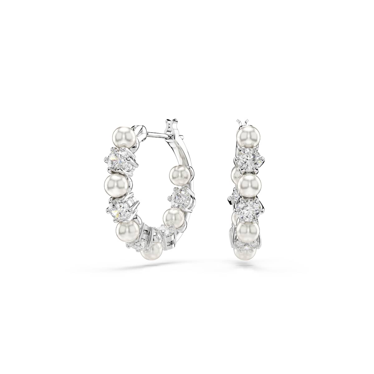 Swarovski Matrix Hoop Earrings, Crystal Pearl, Round Cut, White, Rhodium Plated