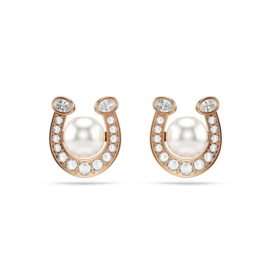Swarovski Symbolica Stud Earrings, Crystal Pearl, Pavé, Horseshoe, White, Rose gold-tone plated