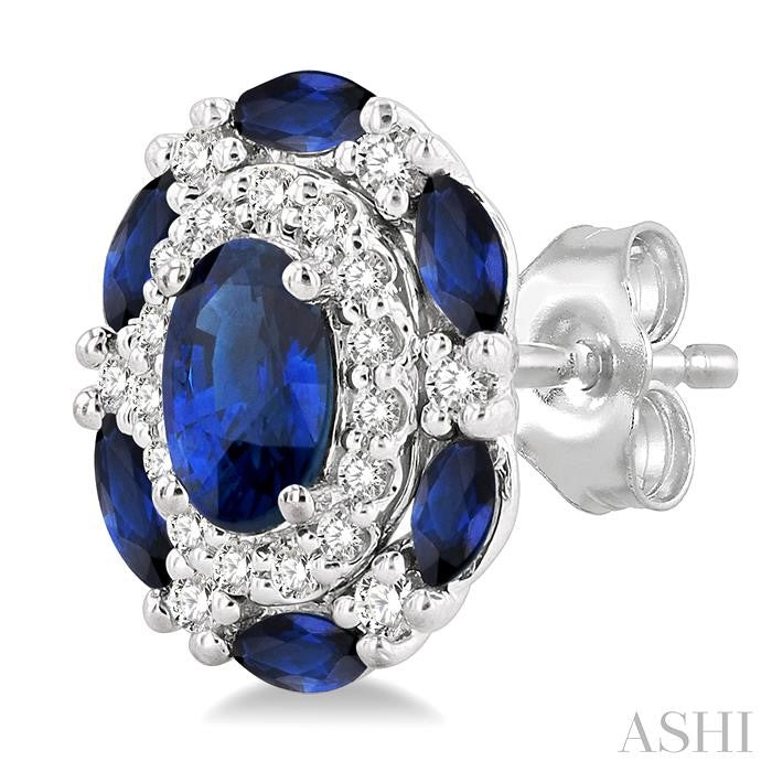 5X3 MM Oval Cut and 3X1.5 MM Marquise Cut Sapphire and 1/5 Ctw Round Cut Diamond Precious Earrings in 14K White Gold