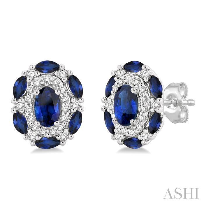 5X3 MM Oval Cut and 3X1.5 MM Marquise Cut Sapphire and 1/5 Ctw Round Cut Diamond Precious Earrings in 14K White Gold