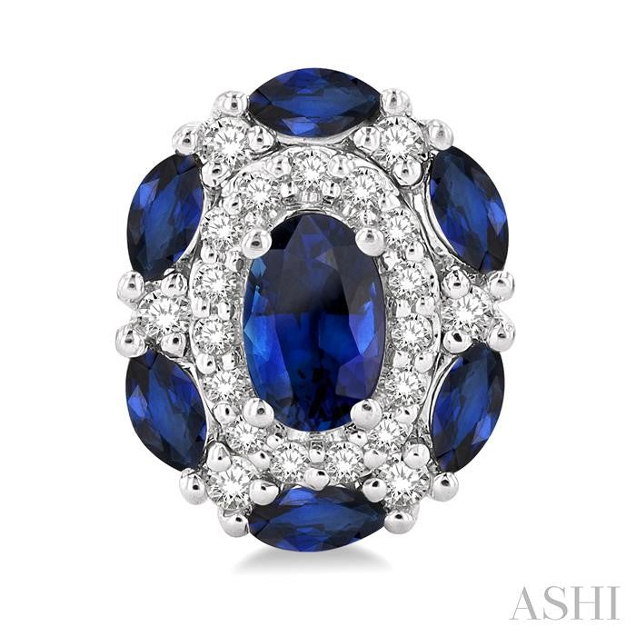 5X3 MM Oval Cut and 3X1.5 MM Marquise Cut Sapphire and 1/5 Ctw Round Cut Diamond Precious Earrings in 14K White Gold