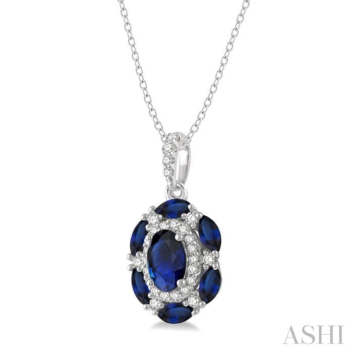 6X4 MM Oval Cut & 4X2 MM Marquise Cut Sapphire and 1/6 Ctw Round Cut Diamond Precious Pendant With Chain in 14K White Go