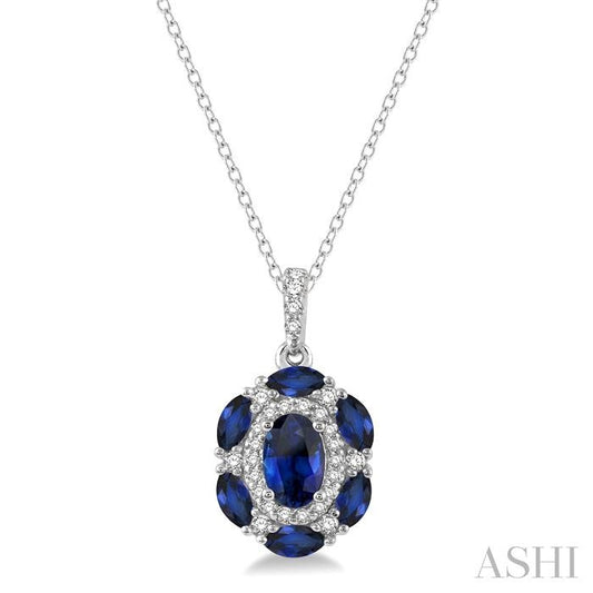 6X4 MM Oval Cut & 4X2 MM Marquise Cut Sapphire and 1/6 Ctw Round Cut Diamond Precious Pendant With Chain in 14K White Go