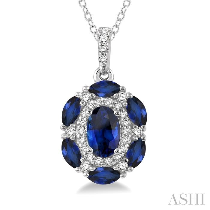 6X4 MM Oval Cut & 4X2 MM Marquise Cut Sapphire and 1/6 Ctw Round Cut Diamond Precious Pendant With Chain in 14K White Go