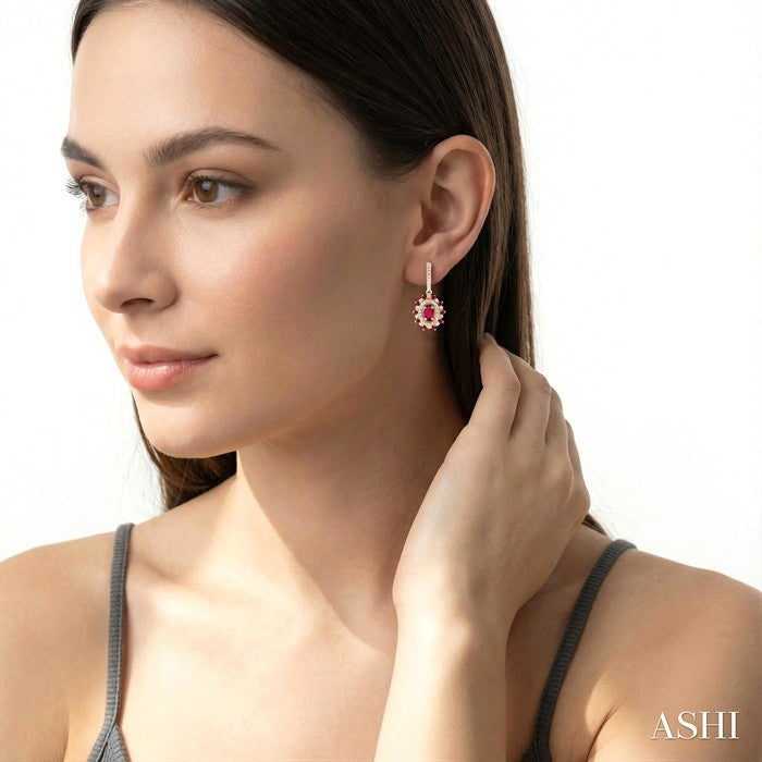 5X3 MM Oval Cut & 1.45 MM Round Cut Ruby and 1/3 Ctw Round Cut Diamond Precious Earrings in 14K Yellow Gold