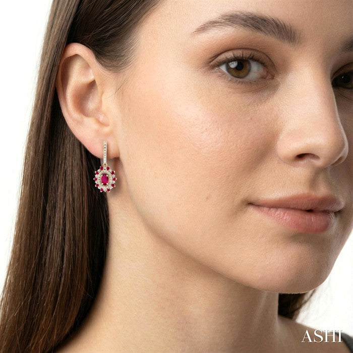 5X3 MM Oval Cut & 1.45 MM Round Cut Ruby and 1/3 Ctw Round Cut Diamond Precious Earrings in 14K Yellow Gold
