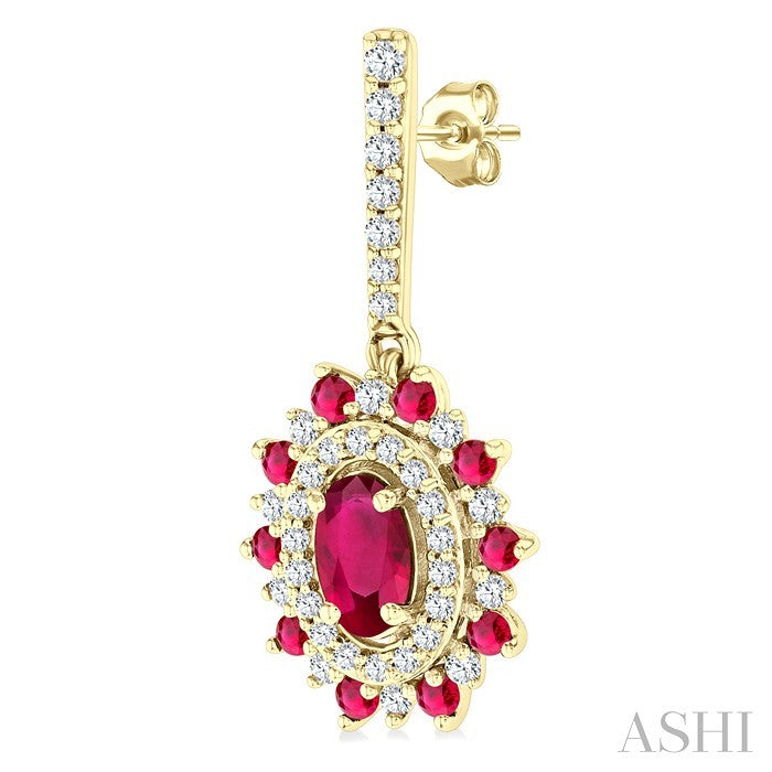 5X3 MM Oval Cut & 1.45 MM Round Cut Ruby and 1/3 Ctw Round Cut Diamond Precious Earrings in 14K Yellow Gold