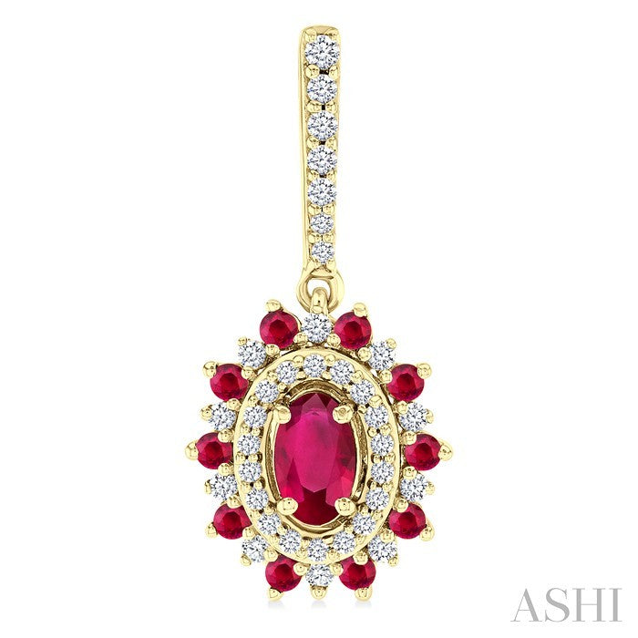 5X3 MM Oval Cut & 1.45 MM Round Cut Ruby and 1/3 Ctw Round Cut Diamond Precious Earrings in 14K Yellow Gold
