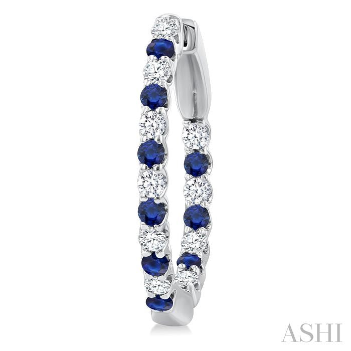 1.8 MM Sapphire and 1/2 Ctw Round Cut Inside-Out Diamond Precious Hoop Earrings in 14K White Gold