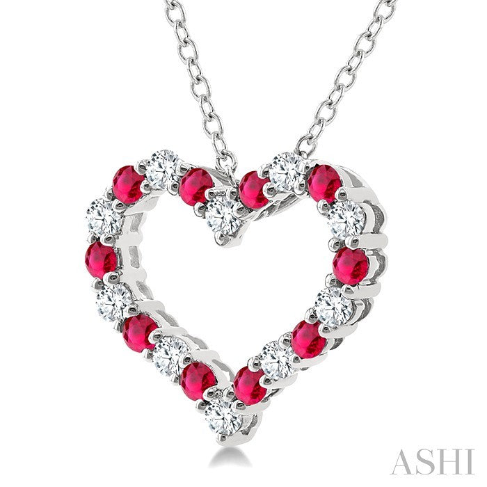 1.4 MM Round Cut Ruby and 1/8 Ctw Open Heart Round Cut Diamond Precious Fashion Pendant With Chain in 14K White Gold