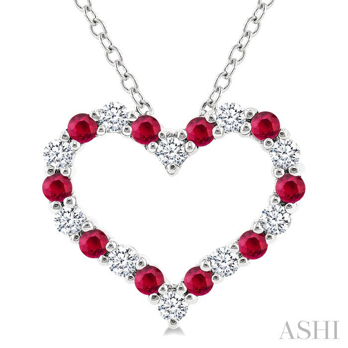 1.4 MM Round Cut Ruby and 1/8 Ctw Open Heart Round Cut Diamond Precious Fashion Pendant With Chain in 14K White Gold