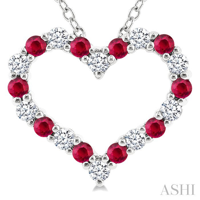 1.4 MM Round Cut Ruby and 1/8 Ctw Open Heart Round Cut Diamond Precious Fashion Pendant With Chain in 14K White Gold