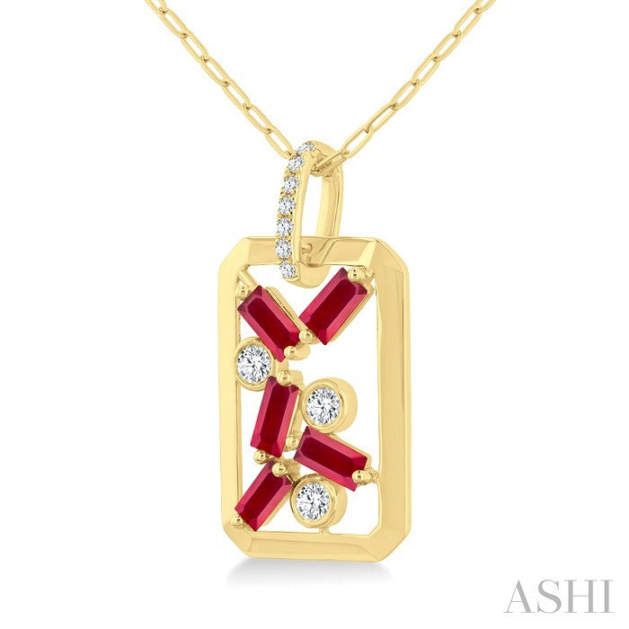 4X2 MM Scatter Baguette Cut Ruby and 1/6 Ctw Round Cut Diamond Precious Fashion Pendant With Chain in 14K Yellow Gold