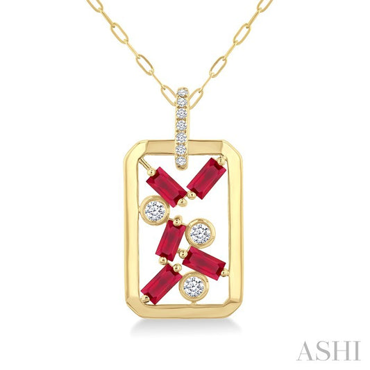 4X2 MM Scatter Baguette Cut Ruby and 1/6 Ctw Round Cut Diamond Precious Fashion Pendant With Chain in 14K Yellow Gold