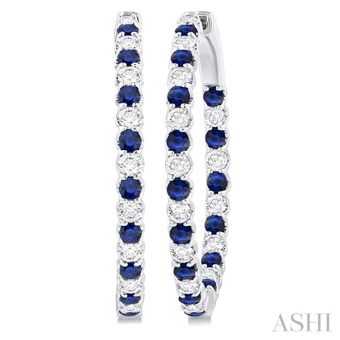 2.3 MM Round Sapphire and 1 1/2 Ctw Round Cut Diamond Inside & Outside Alternating Precious Hoop Earrings in 14K White G