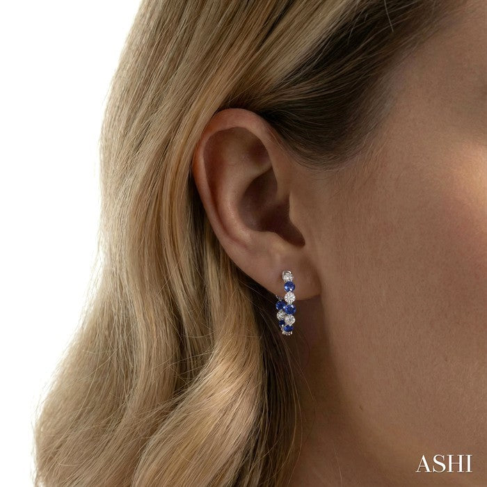 3.3 MM Round Cut Sapphire and 1 5/8 Ctw Round Cut Diamond Precious Inside-Out Alternating Hoop Earrings in 14K White Gol