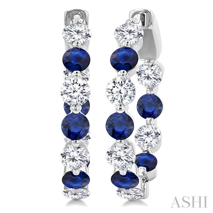 3.3 MM Round Cut Sapphire and 1 5/8 Ctw Round Cut Diamond Precious Inside-Out Alternating Hoop Earrings in 14K White Gol