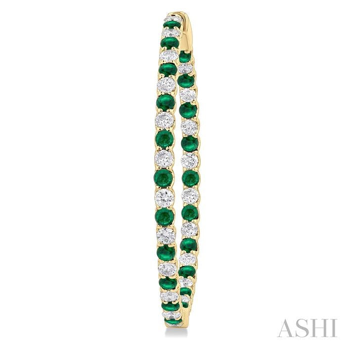 2.5 MM Round Cut Emerald and 2 1/2 Ctw Round Cut Diamond Precious Inside-Out Alternating Hoop Earrings in 14K Yellow Gol