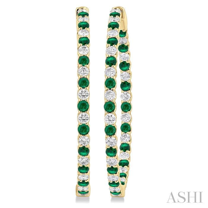 2.5 MM Round Cut Emerald and 2 1/2 Ctw Round Cut Diamond Precious Inside-Out Alternating Hoop Earrings in 14K Yellow Gol