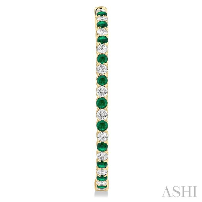 2.5 MM Round Cut Emerald and 2 1/2 Ctw Round Cut Diamond Precious Inside-Out Alternating Hoop Earrings in 14K Yellow Gol