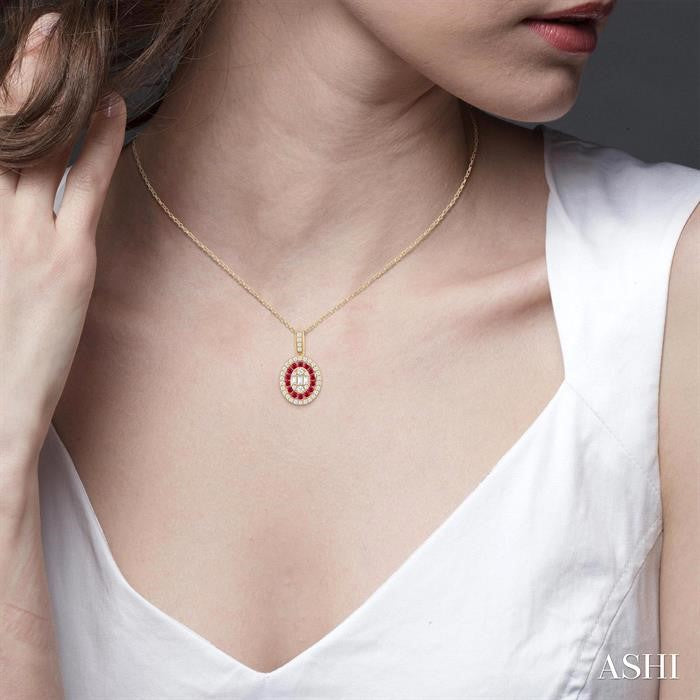 1.25 MM Oval Shape Ruby and 1/4 Ctw Baguette and Round Cut Diamond Precious Pendant With Chain in 14K Yellow Gold