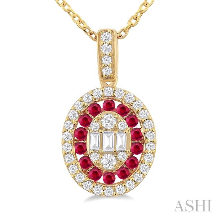 1.25 MM Oval Shape Ruby and 1/4 Ctw Baguette and Round Cut Diamond Precious Pendant With Chain in 14K Yellow Gold