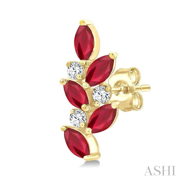 4X2 MM Marquise Shape Ruby and 1/6 Ctw Round Cut Diamond Zig-Zag Precious Earrings in 14K Yellow Gold