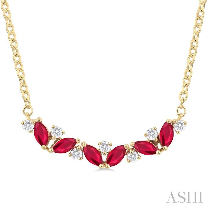 4X2 MM Marquise Cut Ruby and 1/6 Ctw Zig-Zag Round Cut Diamond Precious Necklace in 14K Yellow Gold