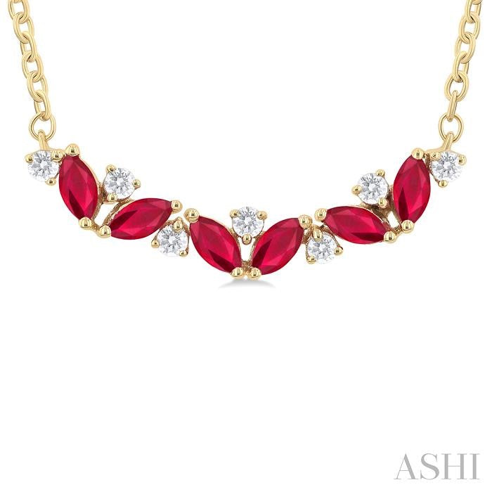 4X2 MM Marquise Cut Ruby and 1/6 Ctw Zig-Zag Round Cut Diamond Precious Necklace in 14K Yellow Gold
