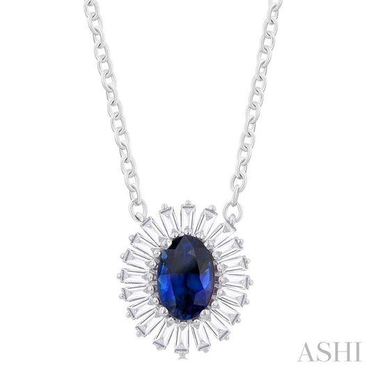 1/3 Ctw Oval Cut 6X4 MM Sapphire and Baguette Cut Diamond Halo Precious Pendant With Chain in 14K White Gold