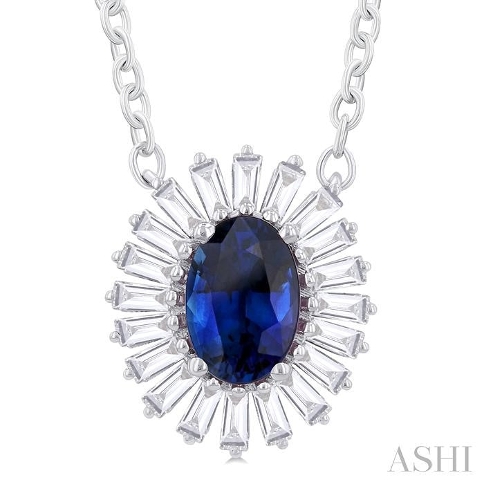 1/3 Ctw Oval Cut 6X4 MM Sapphire and Baguette Cut Diamond Halo Precious Pendant With Chain in 14K White Gold