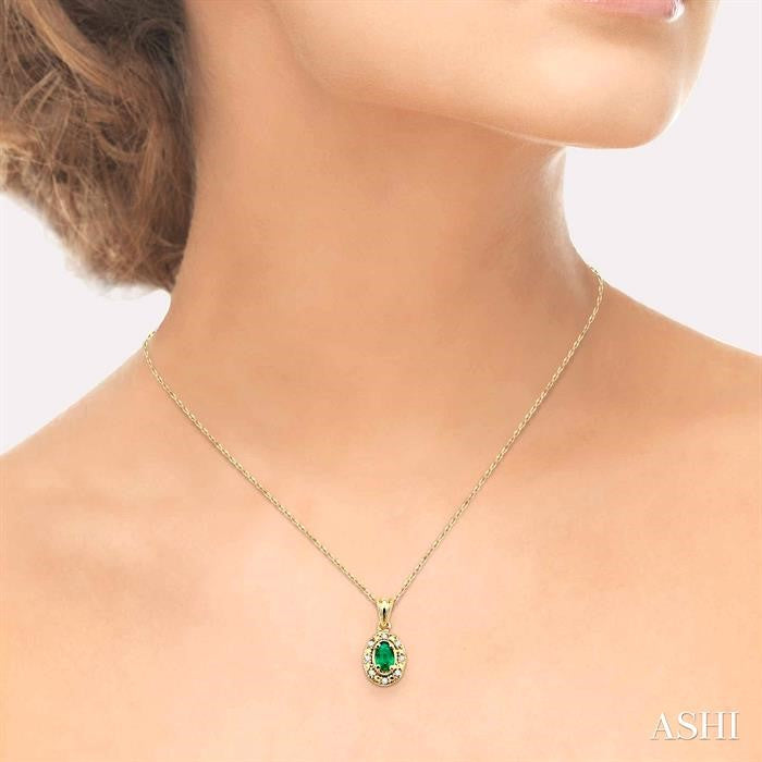 5X3 MM Oval Shape Emerald and 1/20 Ctw Round Cut Diamond Pendant in 14K Yellow Gold with Chain