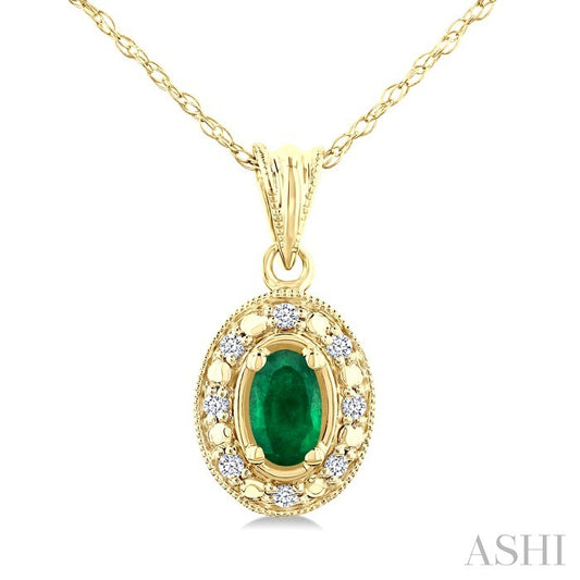 5X3 MM Oval Shape Emerald and 1/20 Ctw Round Cut Diamond Pendant in 14K Yellow Gold with Chain