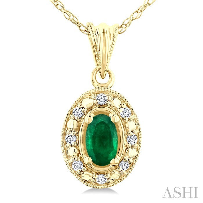 5X3 MM Oval Shape Emerald and 1/20 Ctw Round Cut Diamond Pendant in 14K Yellow Gold with Chain