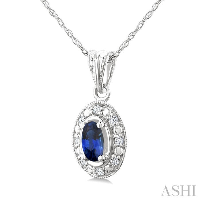 5X3 MM Oval Shape Sapphire and 1/20 Ctw Round Cut Diamond Pendant in 14K White Gold with Chain